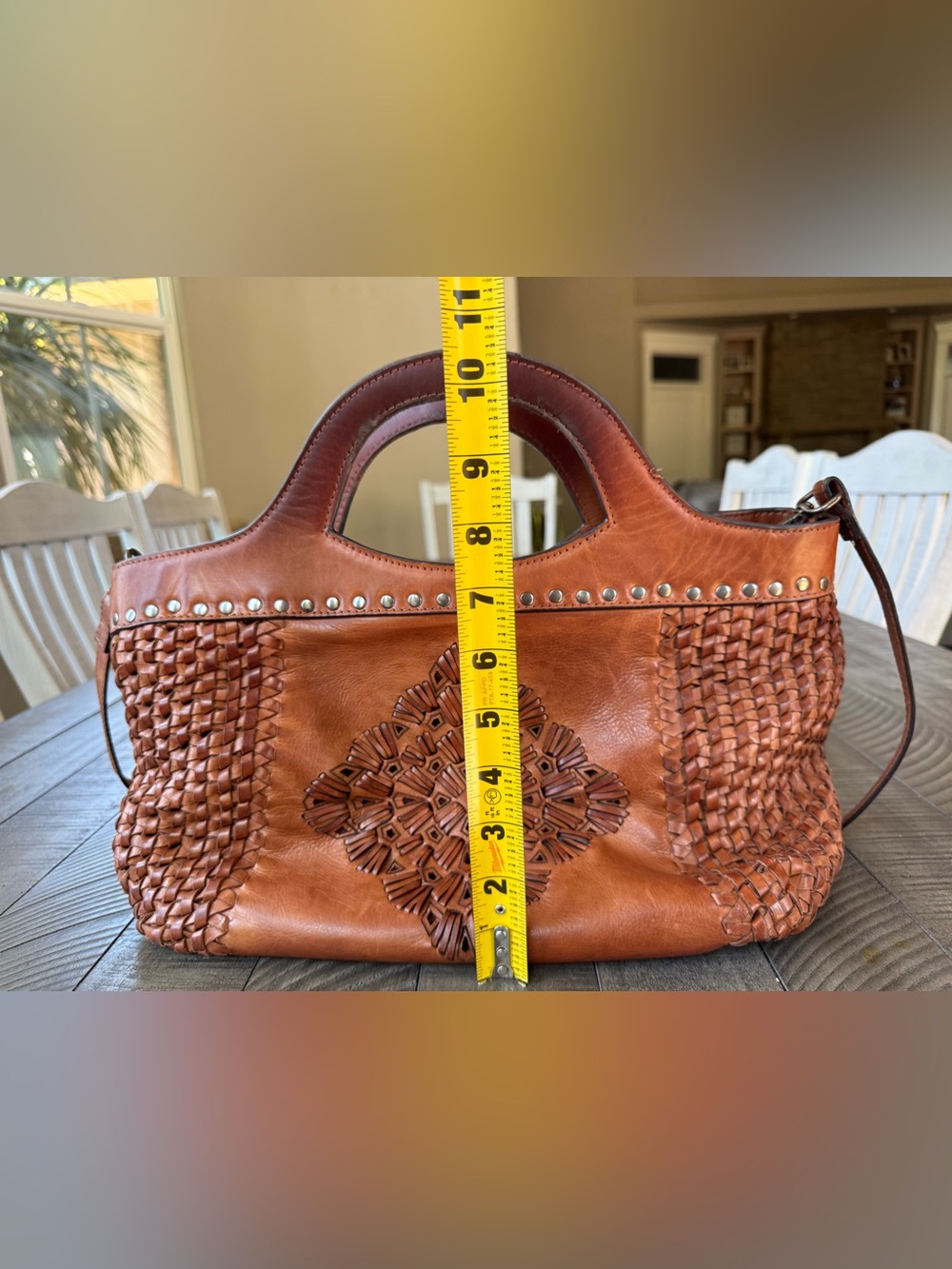 Handcrafted Brown Leather Woven Boho Mandala Shoulder Bag - Handbag - Purse - Picture 11 of 13
